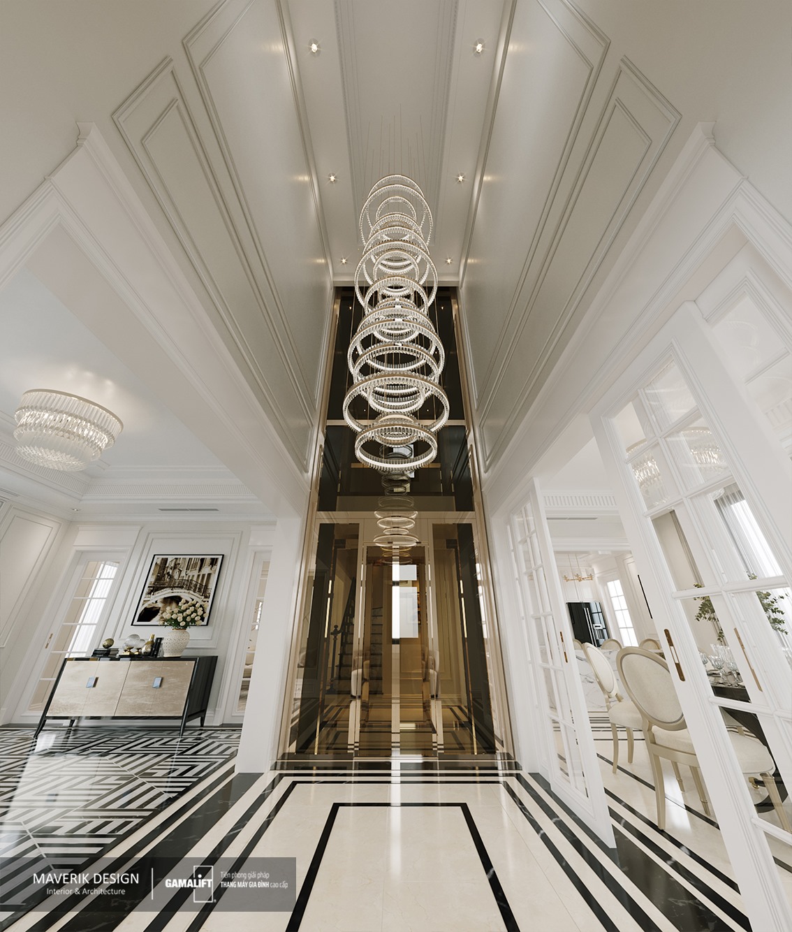 Thiết kế thang máy tại chính giữa ngôi nhà tạo điểm nhấn cho tổng quan kiến trúc